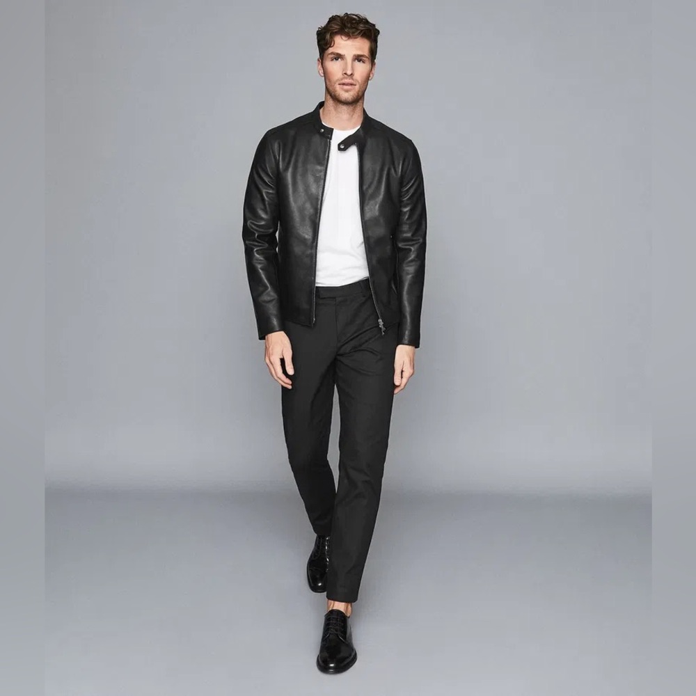 REISS Keith Black Leather Cafe Racer Jacket - Size Medium